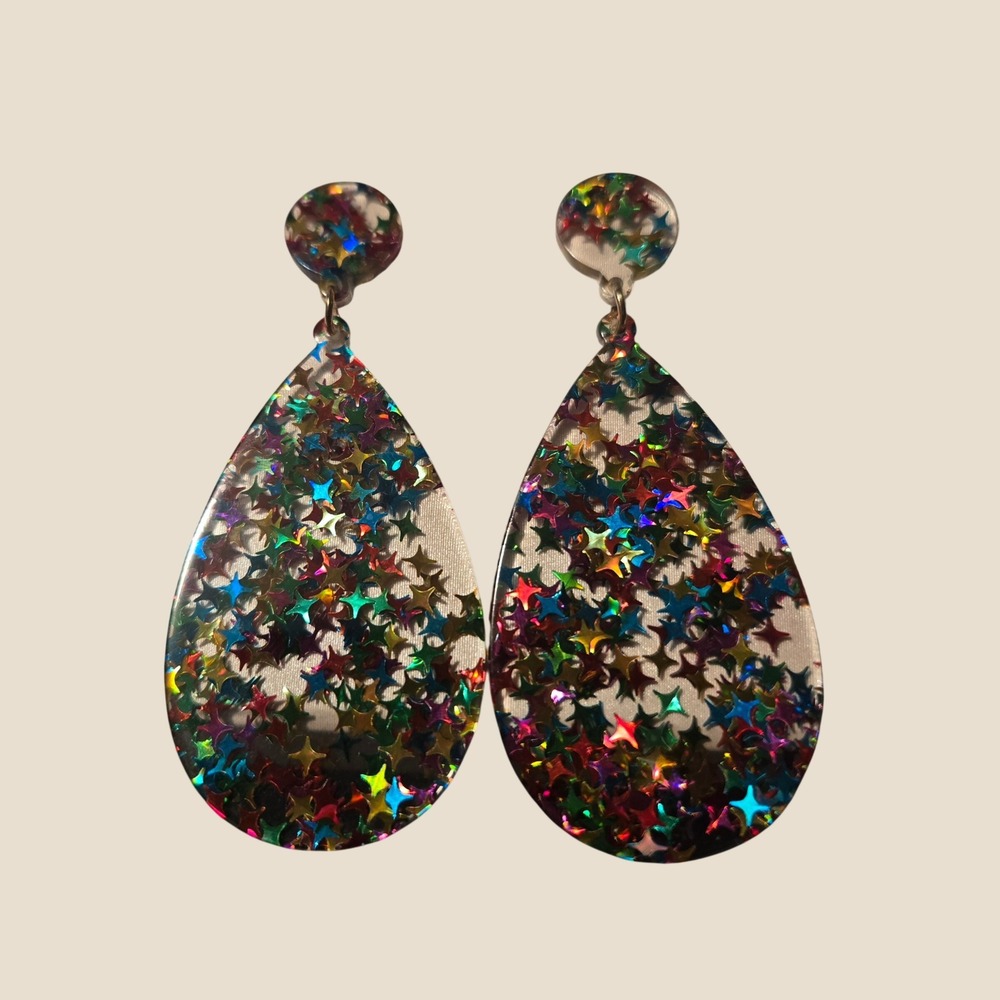Handmade Rainbow Holographic Star Glitter Resin Teardrop Statement Earrings